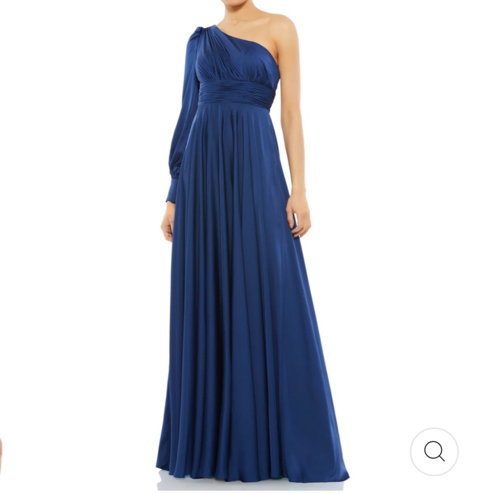 NWOT Mac Duggal navy satin one shoulder gown